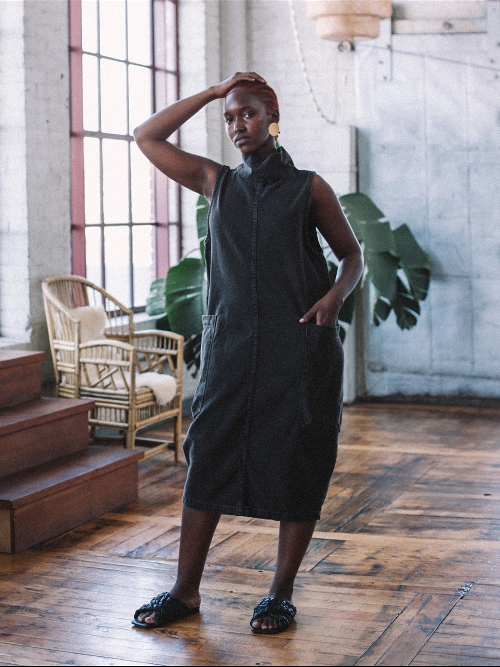 Aliya Wanek Washed Black Sleeveless High-Collar Midi Dress